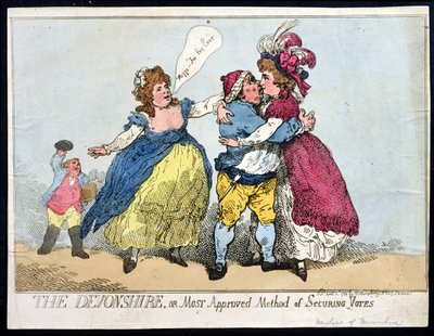 William Humphreyn vuonna 1784 julkaisema Devonshire eli suosituin menetelmä äänien hankkimiseksi (käsinvärinen etsaus) tekijältä Thomas Rowlandson