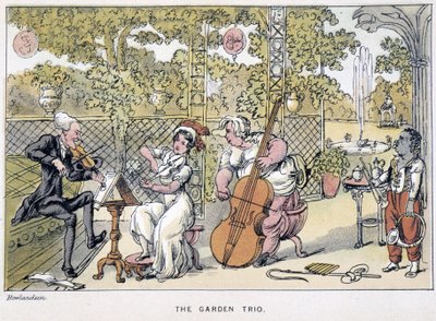 Viulua soittava tohtori: "" Puutarhatrio""" - "" Doctor Syntaxin kolmella kiertueella: maalauksellista lohtua ja vaimoa etsimässä" William Combe, ill. Rowlandson tekijältä Thomas Rowlandson