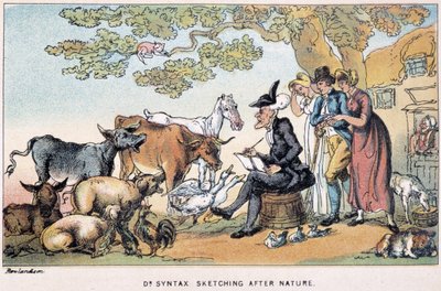 Tohtori ammentaa maatilaeläimiä luonnosta - "" Doctor Syntaxin kolmella kiertueella: viehättävää lohtua ja vaimoa etsimässä" William Combe, ill. Rowlandson tekijältä Thomas Rowlandson