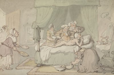 "Tohtori on niin pahasti mustelmilla, että kuppaus katsotaan tarpeelliseksi", n. 1810 (akvarelli kynällä ja musteella paperille) tekijältä Thomas Rowlandson