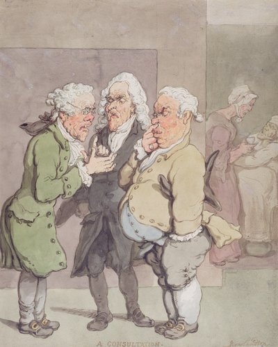 Lääkärin konsultaatio, 1815-1820 (kynä ja muste ja wc grafiitin päällä paperilla) tekijältä Thomas Rowlandson