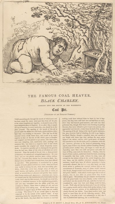 Kuuluisa musta hiilenkantaja, Black Charley, katselee upean hiilikaivoksen suuaukkoon tekijältä Thomas Rowlandson