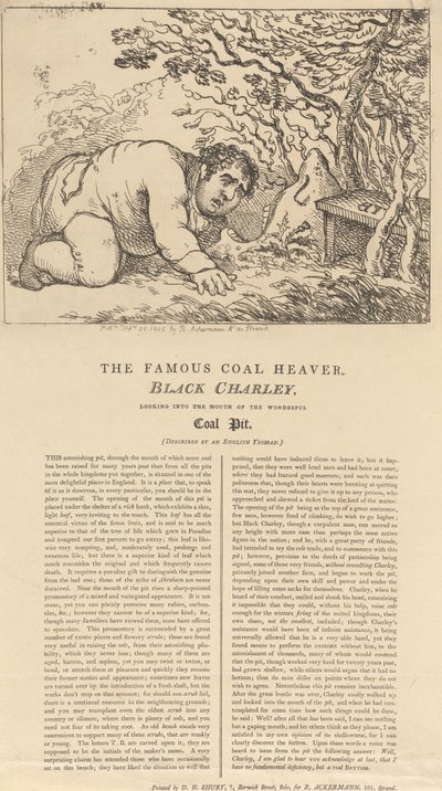 Kuuluisa musta hiilenkantaja Black Charley katsoo ihmeellisen hiilikaivoksen suuaukkoon tekijältä Thomas Rowlandson