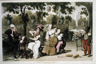 Puutarhatrio, William Comben teoksesta "The Tour of Dr Syntax in search of the Picturesque", julkaistu 1812 (akvatintta). tekijältä Thomas Rowlandson