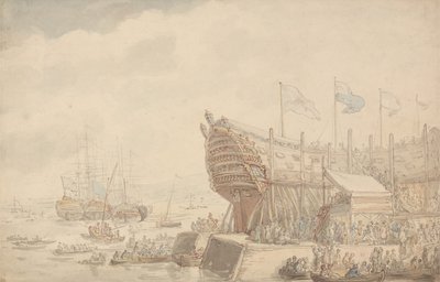 H.M.S. ”Hibernia” -aluksen vesillelasku vuonna 1804 tekijältä Thomas Rowlandson