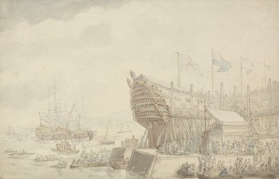 H.M.S. "Hibernia" Devonportissa, n. 1804 (kynä & muste ja akvarelli paperille) tekijältä Thomas Rowlandson