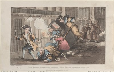 The Party Breaking Up ja Quae Genus Breaking Down, teoksesta The History of John..., 1. joulukuuta 1821. tekijältä Thomas Rowlandson