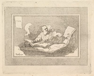 Filosofi parrakas vanha mies kopioi kirjaa, 1783-87. tekijältä Thomas Rowlandson