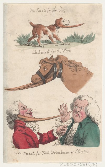 Palapeli koiralle, palapeli hevoselle, palapeli Turkille, ranskalaiselle tai Chrisille..., 1808. tekijältä Thomas Rowlandson