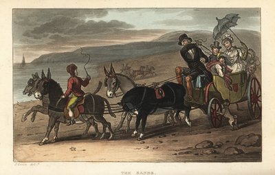 The Sands: turistit aasien piirtämässä barossissa rannalla. Thomas Rowlandsonin käsinvärinen kuparikaiverrus J. Greenin luonnoksen jälkeen teoksesta Poetical Sketches of Scarborough, Ackermann, Lontoo tekijältä Thomas Rowlandson