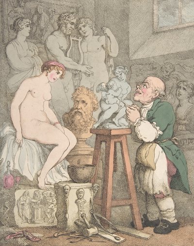 Kuvanveistäjä [Akatemian valmistelut, Vanha Joseph Nollekens ja hänen Venus], n. 1800, n. 1800 tekijältä Thomas Rowlandson