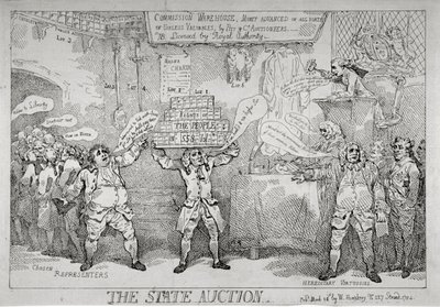 "Valtion huutokauppa", 1784 tekijältä Thomas Rowlandson