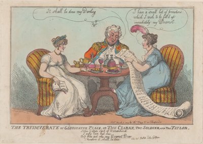 Gloucester Placen triumviraatti tai The Clarke, The Soldier ja The Taylor, 1809, 1809. tekijältä Thomas Rowlandson