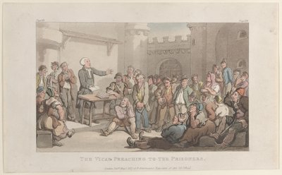 Kirkkoherra saarnaa vangeille, julkaisusta The Vicar of Wakefield, 1. toukokuuta 1817, 1. toukokuuta 1817. tekijältä Thomas Rowlandson