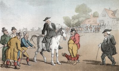 Vicar myy hevostaan, kuvitus Oliver Goldsmithin teoksesta "The Vicar of Wakefield", pubi. Ackermann, 1817 (käsinvärinen akvatinta) tekijältä Thomas Rowlandson