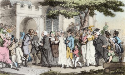 Häät, kuvitus Oliver Goldsmithin teoksesta "The Vicar of Wakefield", pubi. Ackermann, 1817 (käsinvärinen akvatinta) tekijältä Thomas Rowlandson