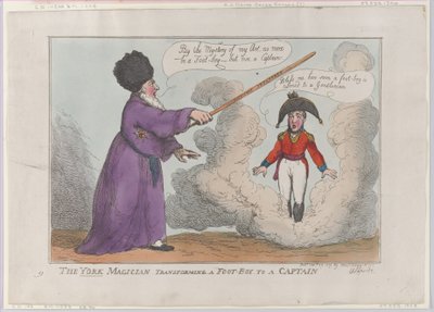 Yorkin taikuri muuttamassa jalkapojan kapteeniksi, 25. helmikuuta 1809, 25. helmikuuta 1809. tekijältä Thomas Rowlandson