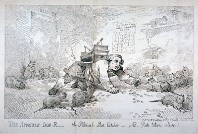 Luopio Jack R - poliittinen rotanpyytäjä - HUOM. Rotat otettu elävinä!", 1784. tekijältä Thomas Rowlandson