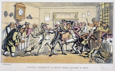 Lääkäri bistrossa, jossa puhkeaa tappelu - "" Doctor Syntaxin kolmella kiertueella: viehättävää lohtua ja vaimoa etsimässä" William Combe, ill. Rowlandson tekijältä Thomas Rowlandson