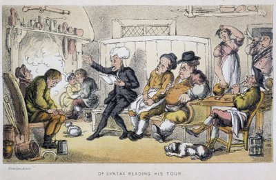 Lääkäri lukemassa hereillä - "" Doctor Syntaxin kolmella kiertueella: viehättävää lohtua ja vaimoa etsimässä" William Combe, ill. Rowlandson tekijältä Thomas Rowlandson