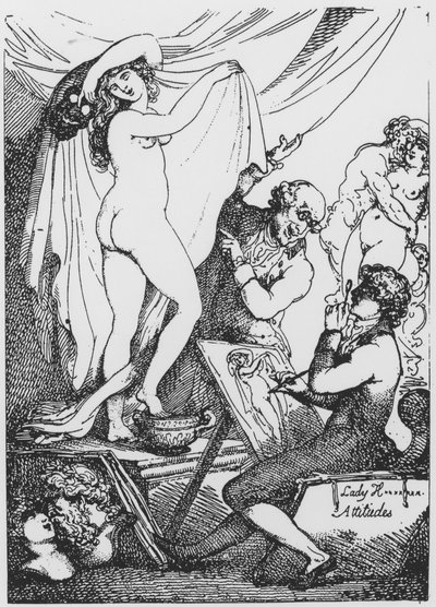 Tuleva Lady Hamilton poseeraa terveyden jumalatar Hygeiana tohtori James Grahamin Aesculapiuksen temppelissä. tekijältä Thomas Rowlandson