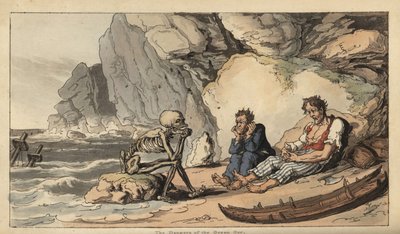 Kuoleman luurankohahmo istuu rannalla kahden haaksirikkoutuneen merimiehen kanssa. Käsinvärinen kuparilevy, jonka on piirtänyt ja kaivertanut Thomas Rowlandson teoksesta The English Dance of Death, Ackermann, Lontoo tekijältä Thomas Rowlandson