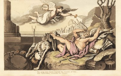 Kuoleman ja Isän ajan luuranko lepää ikuisuuden enkelin alla. Käsinvärinen kuparilevy, jonka on piirtänyt ja kaivertanut Thomas Rowlandson teoksesta The English Dance of Death, Ackermann, Lontoo tekijältä Thomas Rowlandson