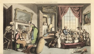Kuoleman luuranko ilmestyy suuren perheen olohuoneeseen ottamaan lapsen tai vastasyntyneen vauvan. Käsinvärinen kuparilevy, jonka on piirtänyt ja kaivertanut Thomas Rowlandson teoksesta The English Dance of Death, Ackermann, Lontoo tekijältä Thomas Rowlandson