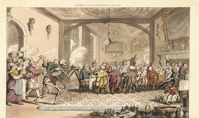 Kuoleman luuranko tuo kohtalokkaan Dainty Dish -ruoan ahmattiseen juhlaan suuressa salissa. Käsinvärinen kuparilevy, jonka on piirtänyt ja kaivertanut Thomas Rowlandson teoksesta The English Dance of Death, Ackermann, Lontoo tekijältä Thomas Rowlandson