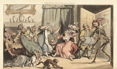 Kuoleman luuranko tulee Miss Mustardille, yhdelle salissa korttia pelaavista vanhoista neitoista. Käsinvärinen kuparilevy, jonka on piirtänyt ja kaivertanut Thomas Rowlandson teoksesta The English Dance of Death, Ackermann, Lontoo tekijältä Thomas Rowlandson
