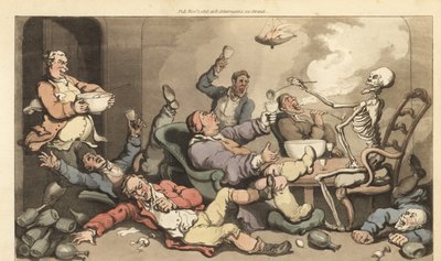 Kuolemankauhojen luuranko iskee kihtiä sairastavan Toastmasterin lasiin riehuvissa Georgian juomajuhlissa. Käsinvärinen kuparilevy, jonka on piirtänyt ja kaivertanut Thomas Rowlandson teoksesta The English Dance of Death, Ackermann, Lontoo tekijältä Thomas Rowlandson