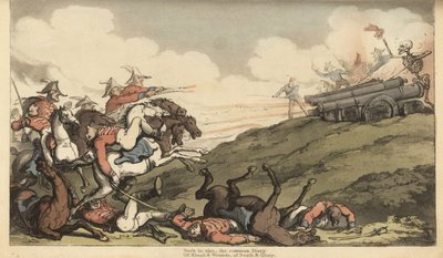Kuoleman luuranko laukaisee tykkitulen englantilaisen ratsuväen hyökkäykseen. Käsinvärinen kuparilevy, jonka on piirtänyt ja kaivertanut Thomas Rowlandson teoksesta The English Dance of Death, Ackermann, Lontoo tekijältä Thomas Rowlandson