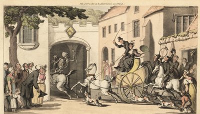Kuoleman luuranko ratsastaa korkean tandemin edellä kantaen seuraavan tuomionsa perillisen matalan kaaren alla. Käsinvärinen kuparilevy, jonka on piirtänyt ja kaivertanut Thomas Rowlandson teoksesta The English Dance of Death, Ackermann, Lontoo tekijältä Thomas Rowlandson