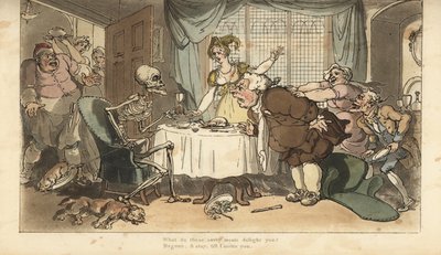 Kuoleman luuranko tikkataulun ja tiimalasin kera tulee syömään illallisella. Käsinvärinen kuparilevy, jonka on piirtänyt ja kaivertanut Thomas Rowlandson teoksesta The English Dance of Death, Ackermann, Lontoo tekijältä Thomas Rowlandson