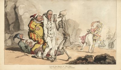 Kuoleman luuranko tiimalasilla ja tikkalla tulee Pierrotille ja muille klovneille, kun taas arlekiini tanssii naisen kanssa rannalla. Käsinvärinen kuparilevy, jonka on piirtänyt ja kaivertanut Thomas Rowlandson teoksesta The English Dance of Death, Ackerma tekijältä Thomas Rowlandson