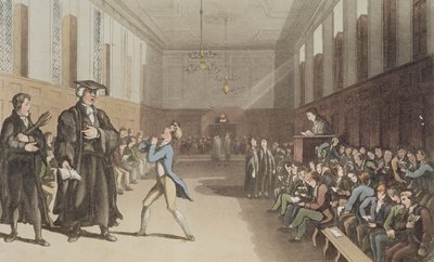 Ankara opettaja pyytää uhkaavalla iskullaan sauvan viisaan korjauksen, kirjasta A Compendious Traatise on Modern Education, 1802 (käsinvärinen syövytetty levy) tekijältä Thomas Rowlandson