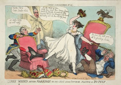 Kolme viikkoa avioliiton jälkeen tai Suuri pieni keisari soittamassa Bo-Peepiä, pub. 1810 (käsinvärinen kaiverrus) tekijältä Thomas Rowlandson