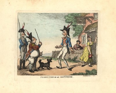 Kolme sotilasta univormussa kulkueessa tavernan ulkopuolella. tekijältä Thomas Rowlandson