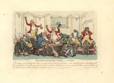 Väsynyt ja humalainen mies raivokkaassa illallisjuhlissa kettunmetsästäjien kanssa. tekijältä Thomas Rowlandson