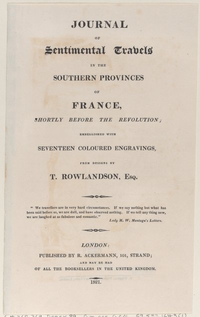 Nimisivu, Journal of Sentimental Travels in the Southern Provinces of France, Shor..., 1821. tekijältä Thomas Rowlandson