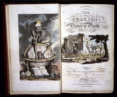 Nimisivu "The English Dance of Death" -julkaisusta, pub. kirjoittanut R. Ackermann tekijältä Thomas Rowlandson