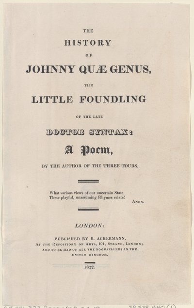 Nimisivu, Johnny Quae -suvun historiasta, The Little Foundling of the Late Docto..., 1822. tekijältä Thomas Rowlandson