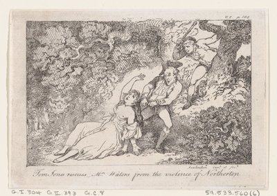 Tom Jones pelastaa rouva Watersin Northertonin väkivallasta, The History of Tom Jon..., 1792. tekijältä Thomas Rowlandson