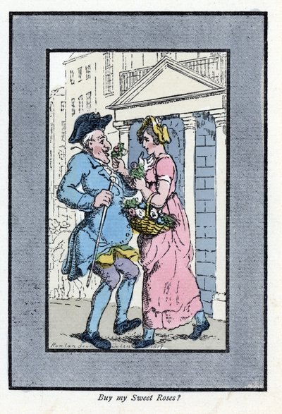 Matkustava kukkakauppias, lähestyy hymyilevää herraa pienellä ruusukimppulla (1819). Puukaiverrus, joka perustuu Thomas Rowlandsonin (1756-1827) maalaukseen, julkaistu The Cris of London -lehdessä: kuusi viehättävää lasta ja lähes 40 kuvitusta, b. tekijältä Thomas Rowlandson