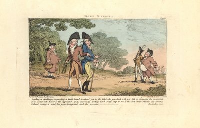 Kaksi Regency-herraa taistelemassa kaksintaistelua pistooleilla. tekijältä Thomas Rowlandson
