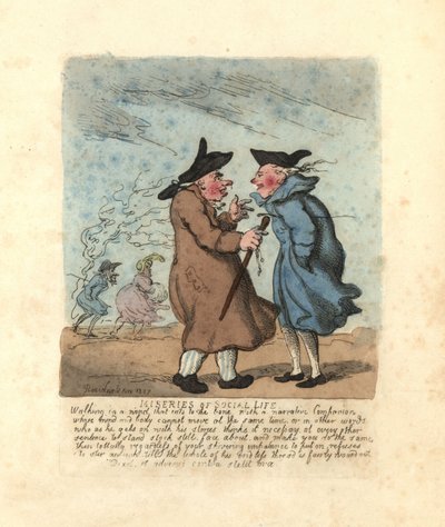 Kaksi Regency miestä pysähtyi puhumaan jäätävässä tuulessa. tekijältä Thomas Rowlandson