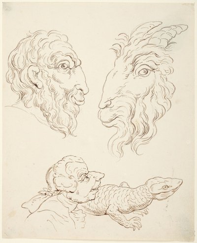 Kaksi karikatyyriä: mies ja vuohi, mies ja lisko tekijältä Thomas Rowlandson