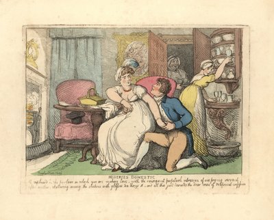Kaksi rakastajaa salissa, joita uteliaita piikoja häiritsevät. tekijältä Thomas Rowlandson