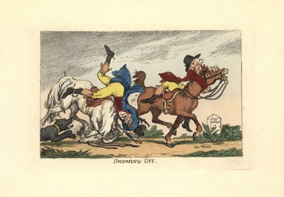 Kaksi miestä putoaa hevosiltaan esityksen jälkeen. Komeilu. tekijältä Thomas Rowlandson