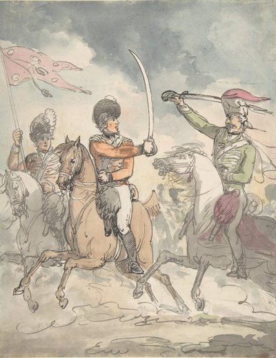 Käyttämätön tutkimus lautaselle Unkarin ja Highlandin laajamiekkaharjoitukseen 12. helmikuuta 1799, noin 1799. tekijältä Thomas Rowlandson.